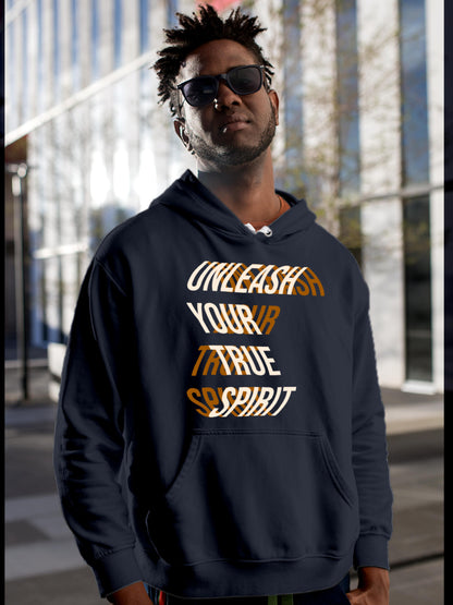 Model wearing Men's Navy Blue Hoodie Sweatshirt with 'Unleash Your True Spirit' design, offering effortless style and premium comfort