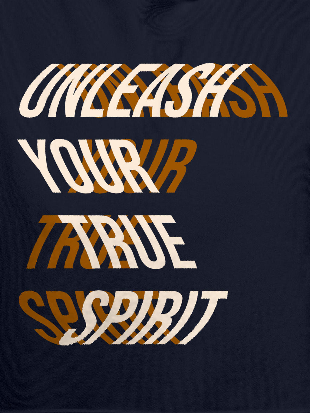 Close up of 'Unleash Your True Spirit' design on Men's Navy Blue Hoodie Sweatshirt, highlighting intricate details and vibrant print.