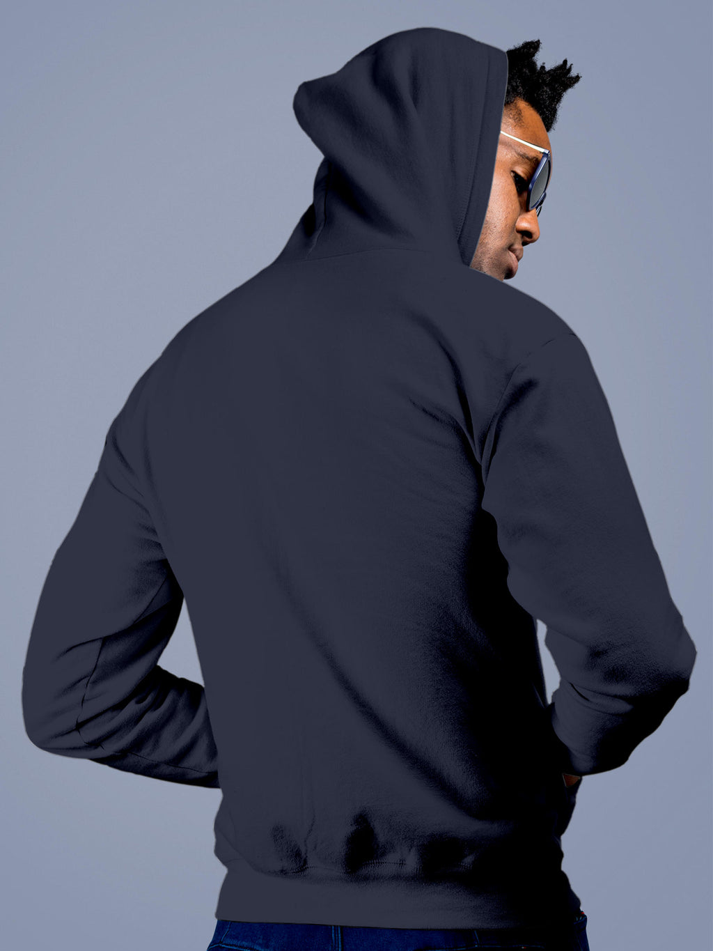 Back view of Fighterhero Men's Navy Blue Hoodie Sweatshirt, highlighting the modern look and clean finish