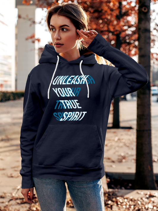 Fighterhero Hoodie Collection: Model wearing Women's Navy Blue Hoodie Sweatshirt with 'Unleash Your True Spirit' design