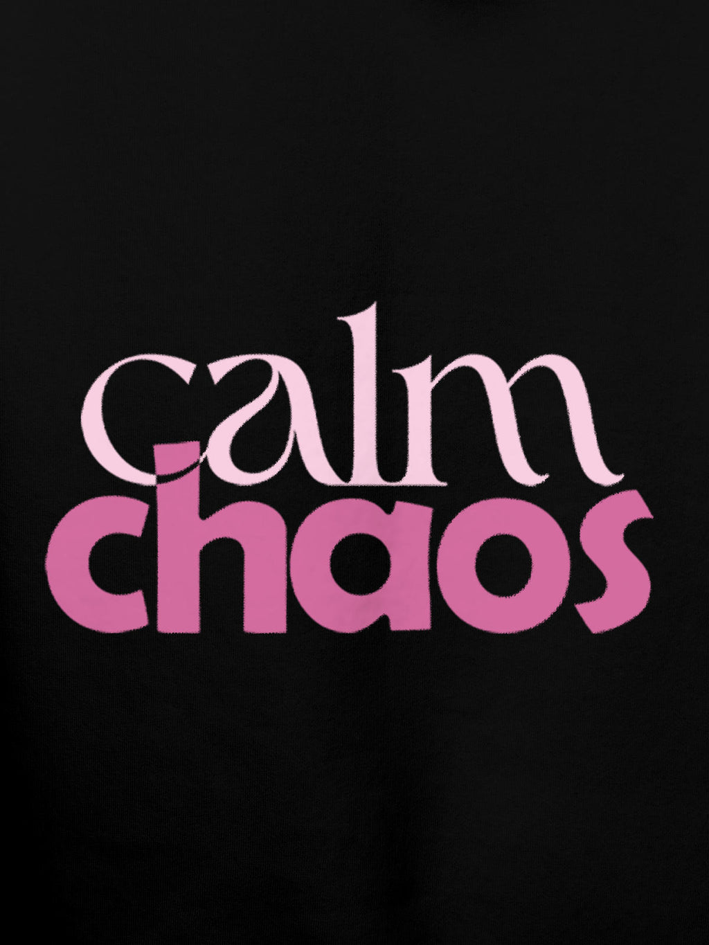Close up of 'Calm Chaos' design on Men's Black Hoodie Sweatshirt, highlighting intricate details and vibrant print.