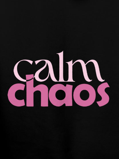 Close up of 'Calm Chaos' design on Men's Black Hoodie Sweatshirt, highlighting intricate details and vibrant print.