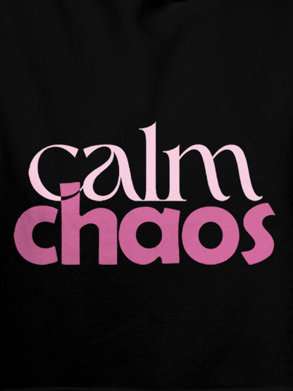 Close up of 'Calm Chaos' design on Women's Black Hoodie Sweatshirt, highlighting intricate details and vibrant print.