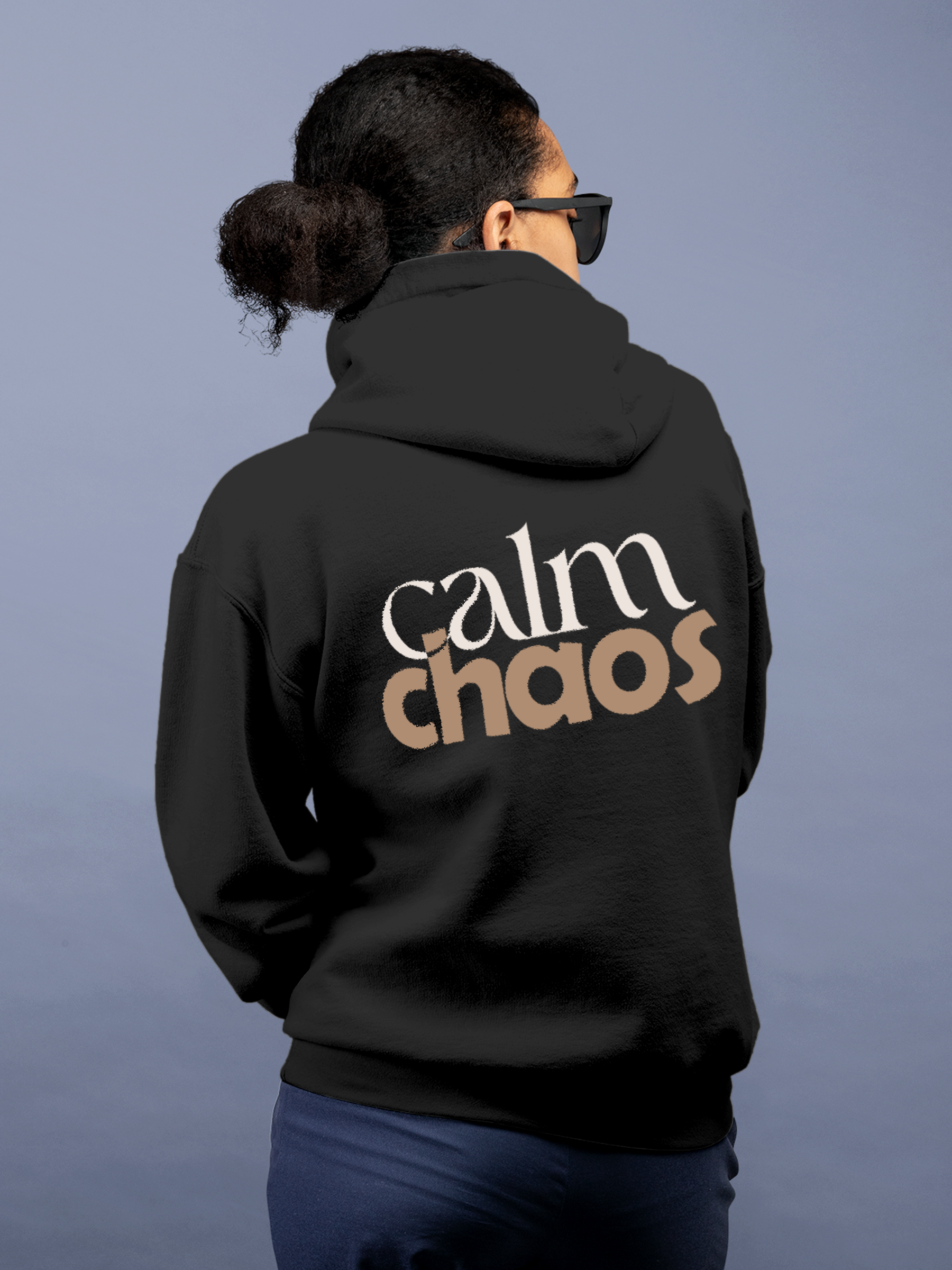 Model wearing Women's Charcoal Grey Hoodie Sweatshirt with 'Calm Chaos' design, offering effortless style and premium comfort