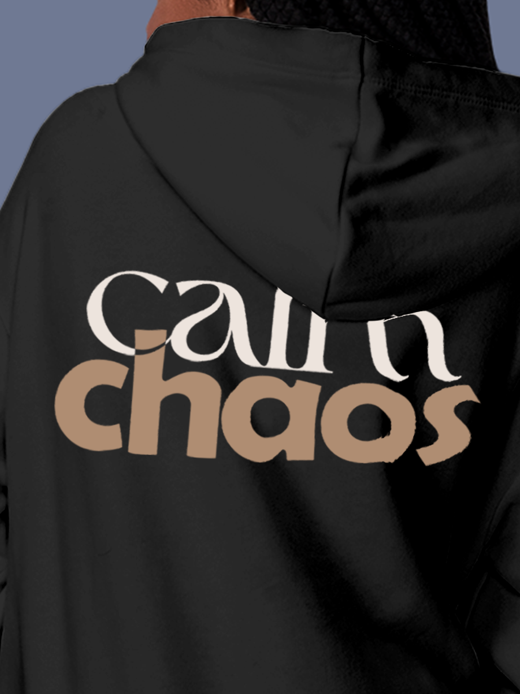 Close up of 'Calm Chaos' design on Women's Charcoal Grey Hoodie Sweatshirt, highlighting intricate details and vibrant print.