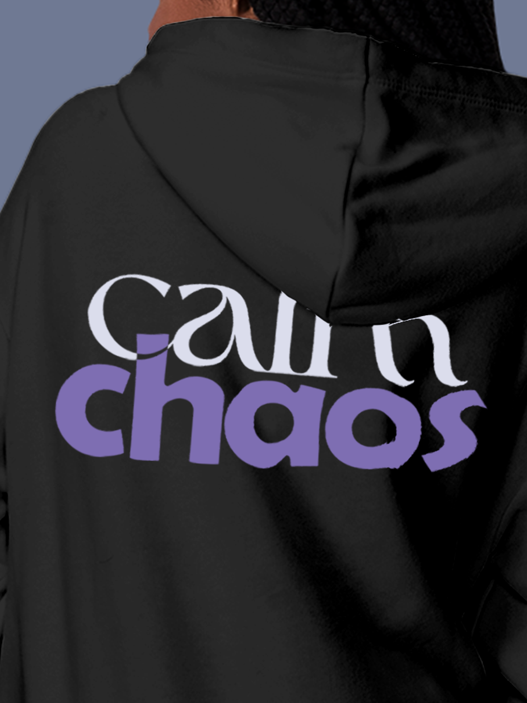 Close up of 'Calm Chaos' design on Women's Charcoal Grey Hoodie Sweatshirt, highlighting intricate details and vibrant print.
