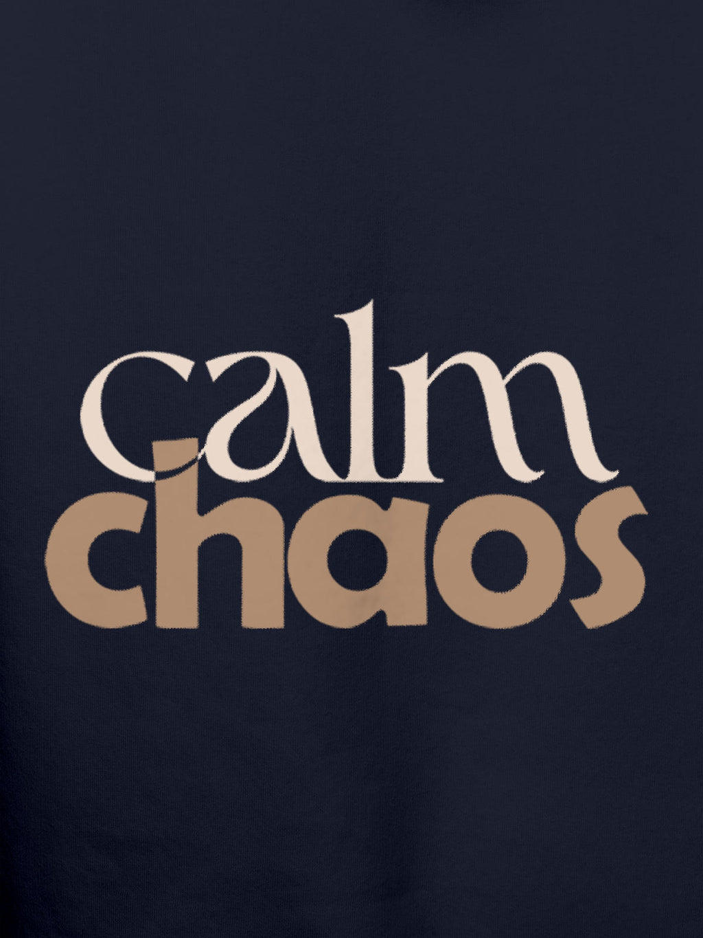 Close up of 'Calm Chaos' design on Men's Navy Blue Hoodie Sweatshirt, highlighting intricate details and vibrant print.