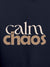 Close up of 'Calm Chaos' design on Men's Navy Blue Hoodie Sweatshirt, highlighting intricate details and vibrant print.