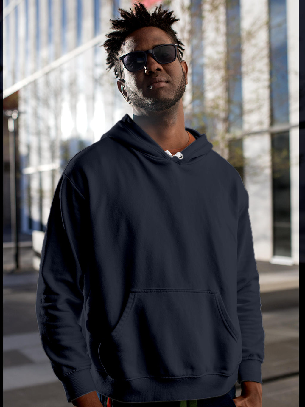 Front view of Fighterhero Men's Navy Blue Hoodie Sweatshirt, highlighting the modern look and clean finish