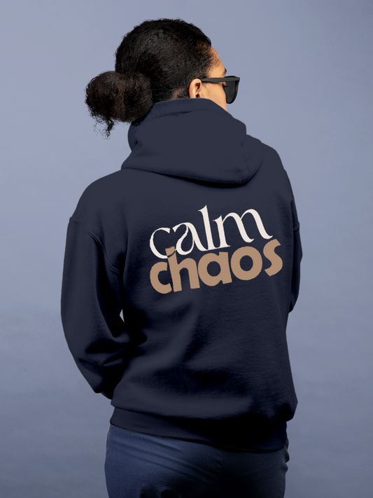 Fighterhero Hoodie Collection: Model wearing Women's Navy Blue Hoodie Sweatshirt with 'Calm Chaos' design