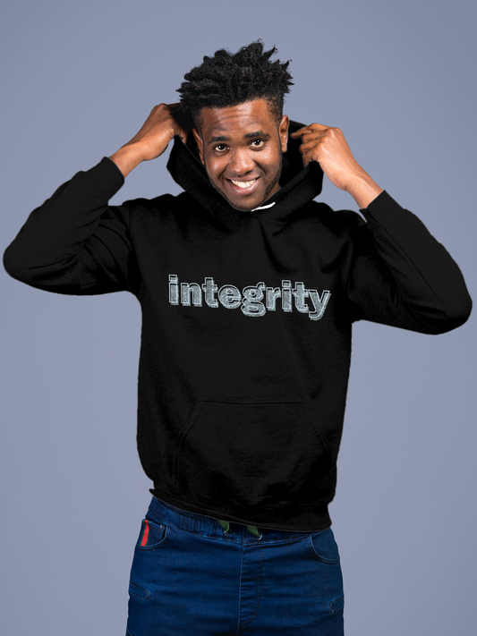 Fighterhero Hoodie Collection: Model wearing Men's Black Hoodie Sweatshirt with 'Integrity' design