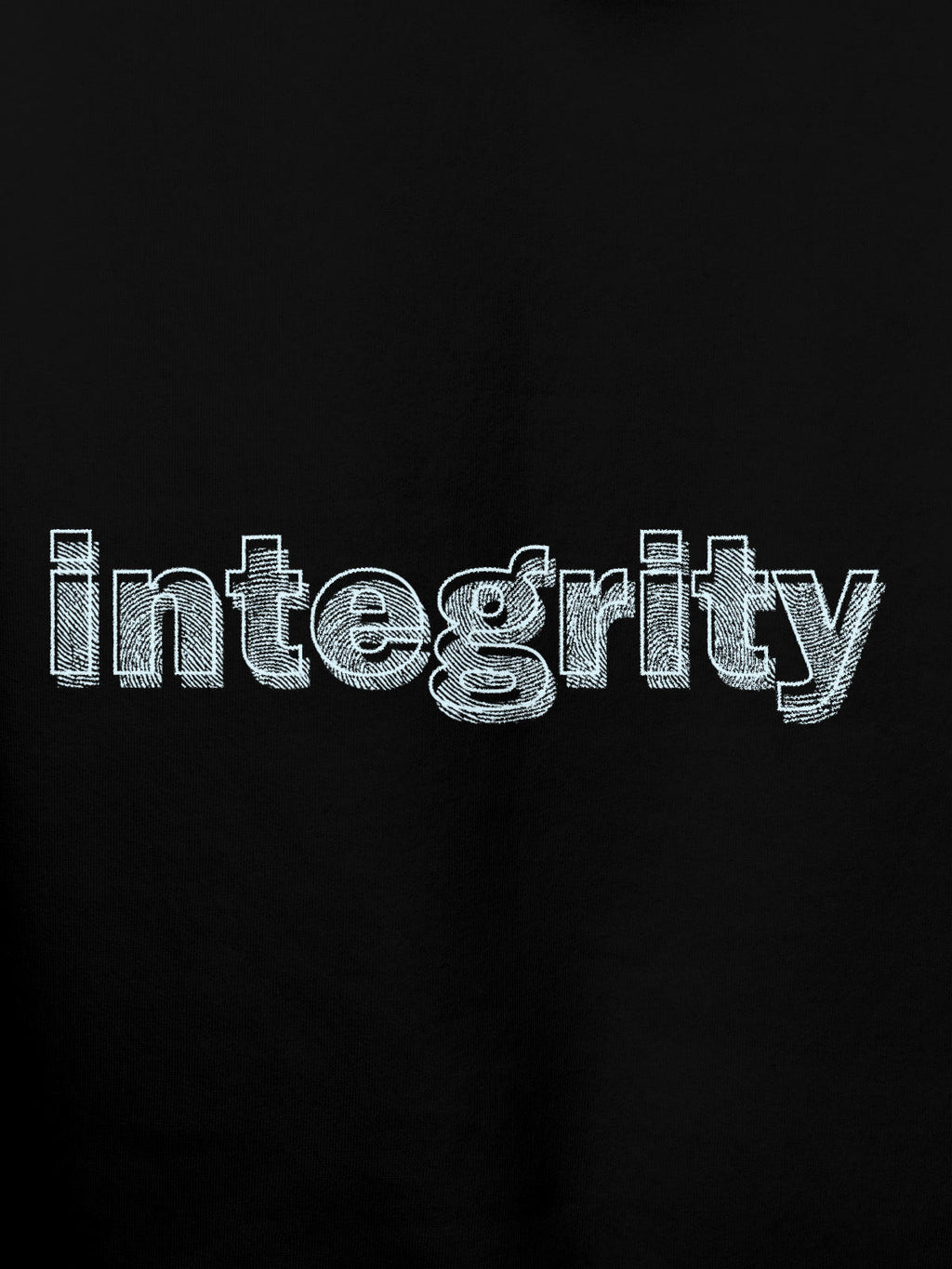Close up of 'Integrity' design on Men's Black Hoodie Sweatshirt, highlighting intricate details and vibrant print.
