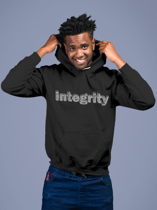 Model wearing Men's Dark Grey Hoodie Sweatshirt with 'Integrity' design, offering effortless style and premium comfort