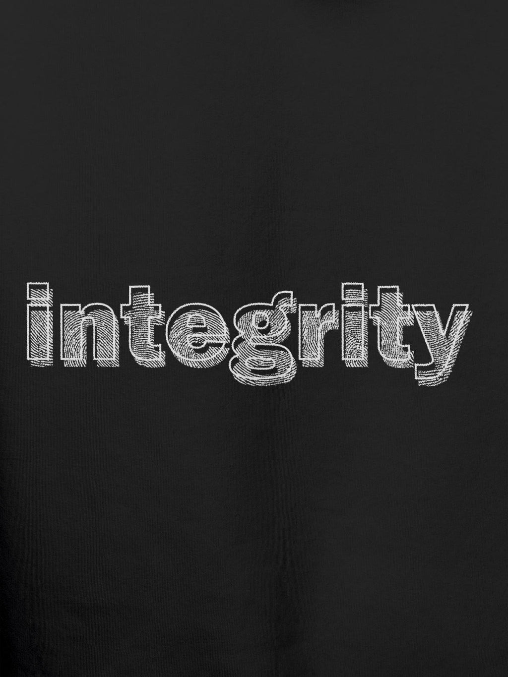Close up of 'Integrity' design on Men's Dark Grey Hoodie Sweatshirt, highlighting intricate details and vibrant print.