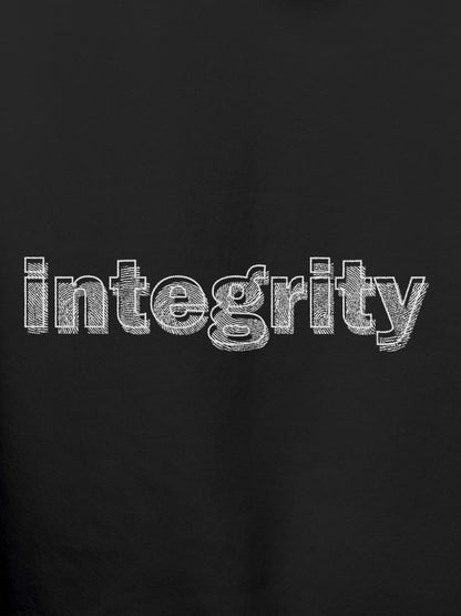 Close up of 'Integrity' design on Men's Dark Grey Hoodie Sweatshirt, highlighting intricate details and vibrant print.