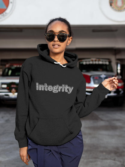 Model wearing Women's Dark Grey Hoodie Sweatshirt with 'Integrity' design, offering effortless style and premium comfort