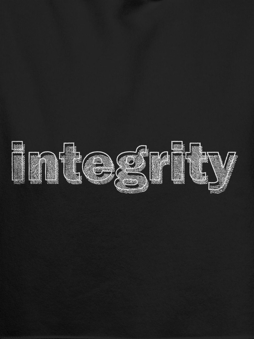 Close up of 'Integrity' design on Women's Dark Grey Hoodie Sweatshirt, highlighting intricate details and vibrant print.