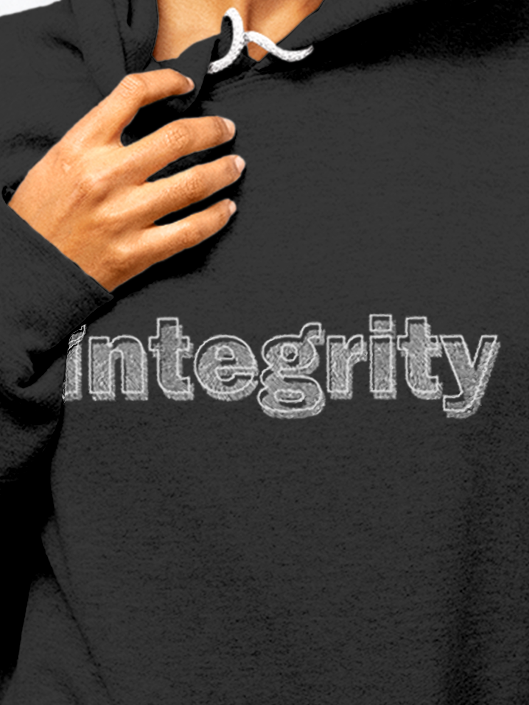 Close up of 'Integrity' design on Women's Charcoal Grey Hoodie Sweatshirt, highlighting intricate details and vibrant print.