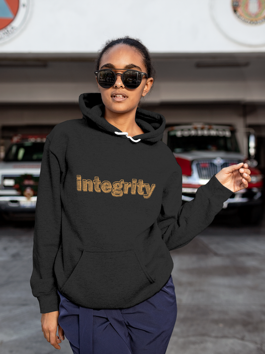 Fighterhero Hoodie Collection: Model wearing Women's Charcoal Grey Hoodie Sweatshirt with 'Integrity' design