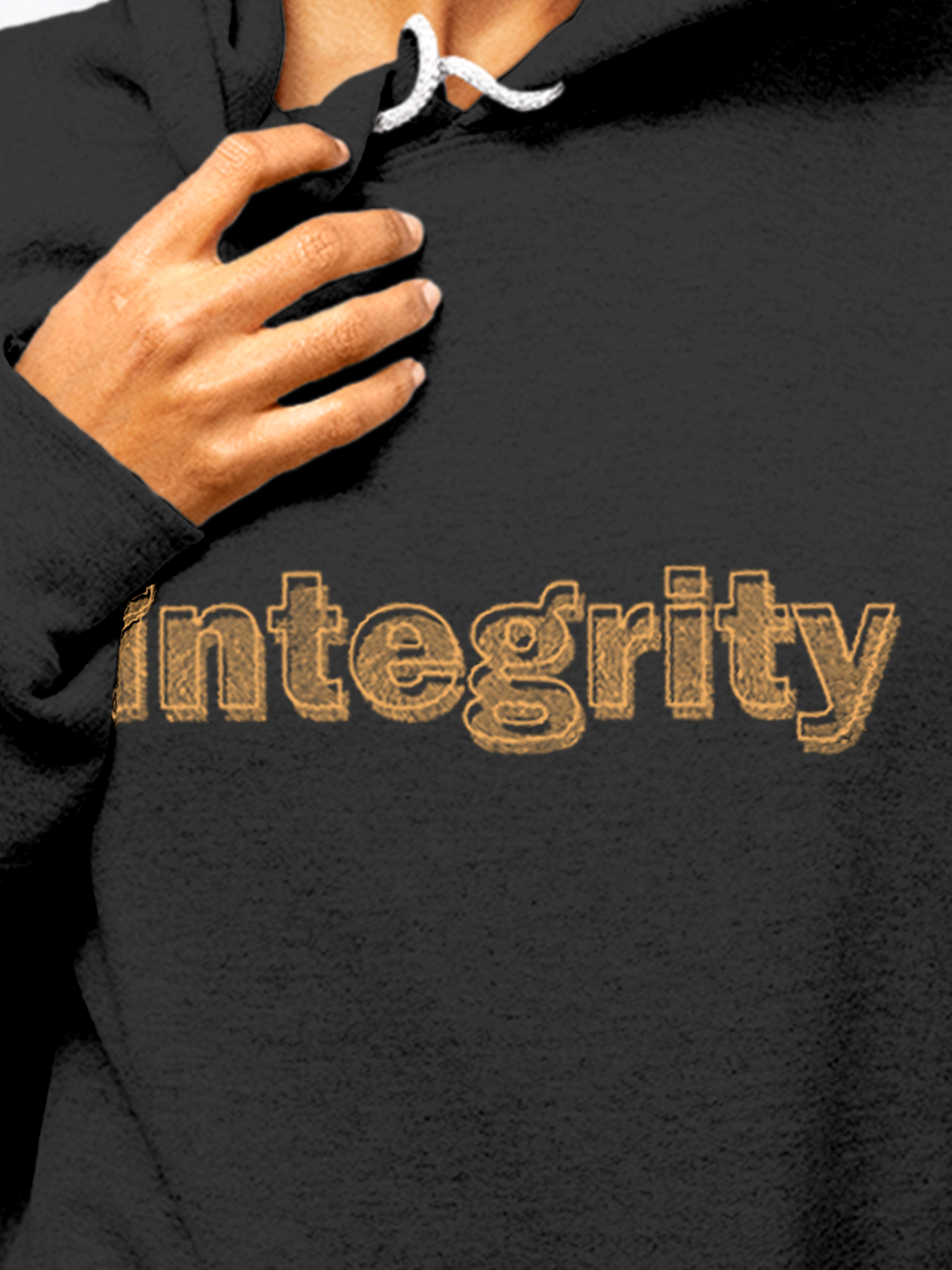 Close up of 'Integrity' design on Women's Charcoal Grey Hoodie Sweatshirt, highlighting intricate details and vibrant print.