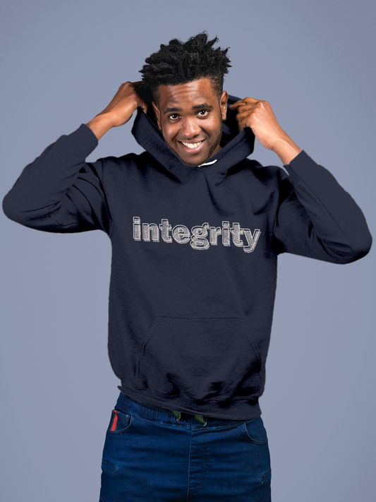 Fighterhero Hoodie Collection: Model wearing Men's Navy Blue Hoodie Sweatshirt with 'Integrity' design