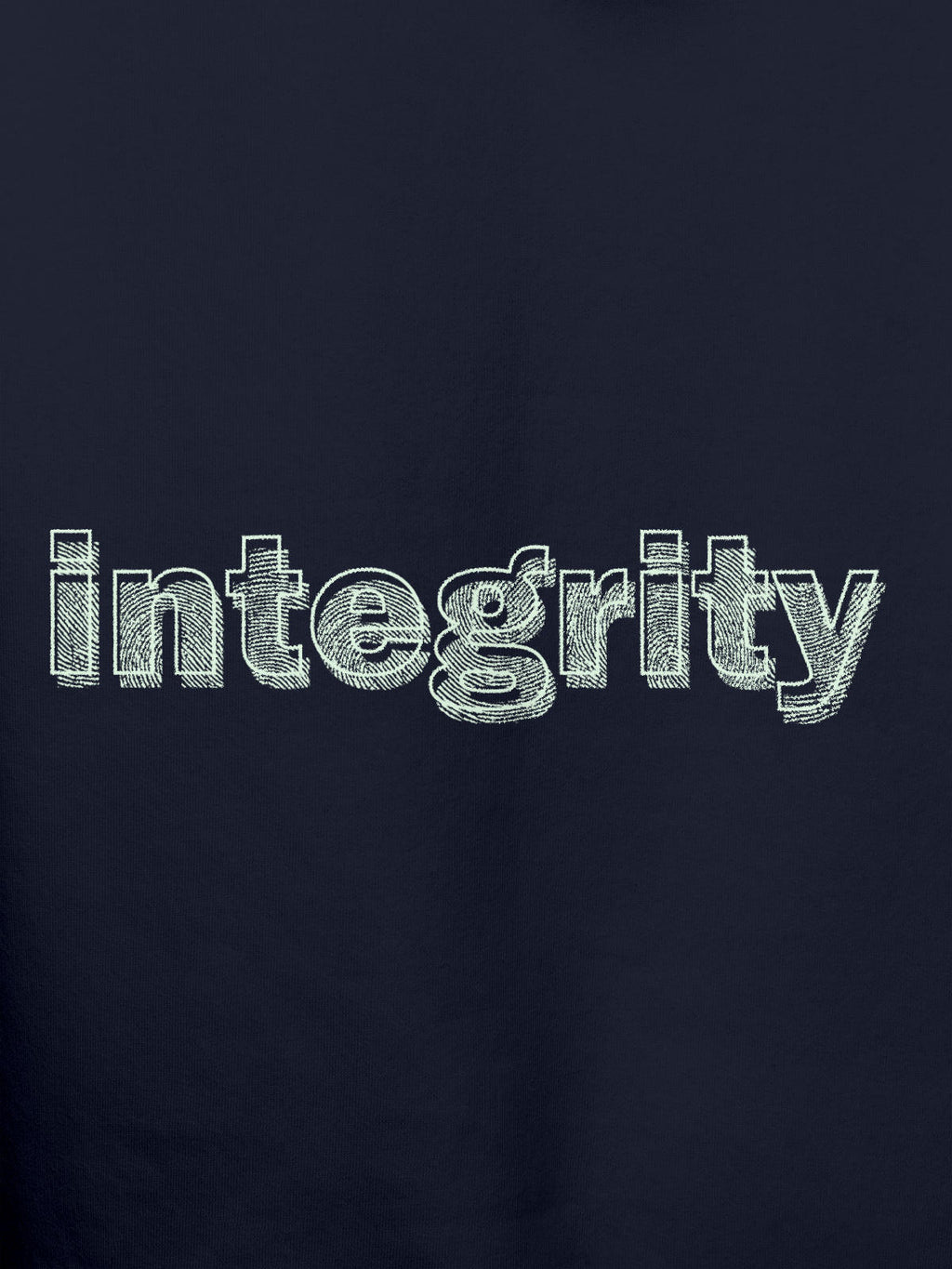 Close up of 'Integrity' design on Men's Navy Blue Hoodie Sweatshirt, highlighting intricate details and vibrant print.