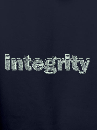 Close up of 'Integrity' design on Men's Navy Blue Hoodie Sweatshirt, highlighting intricate details and vibrant print.