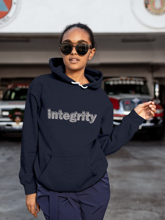 Fighterhero Hoodie Collection: Model wearing Women's Navy Blue Hoodie Sweatshirt with 'Integrity' design