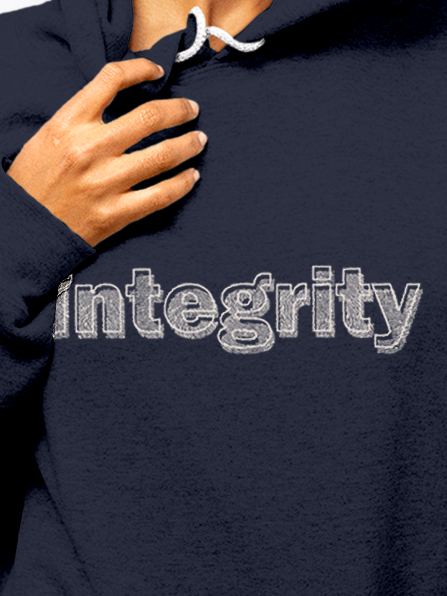 Close up of 'Integrity' design on Women's Navy Blue Hoodie Sweatshirt, highlighting intricate details and vibrant print.