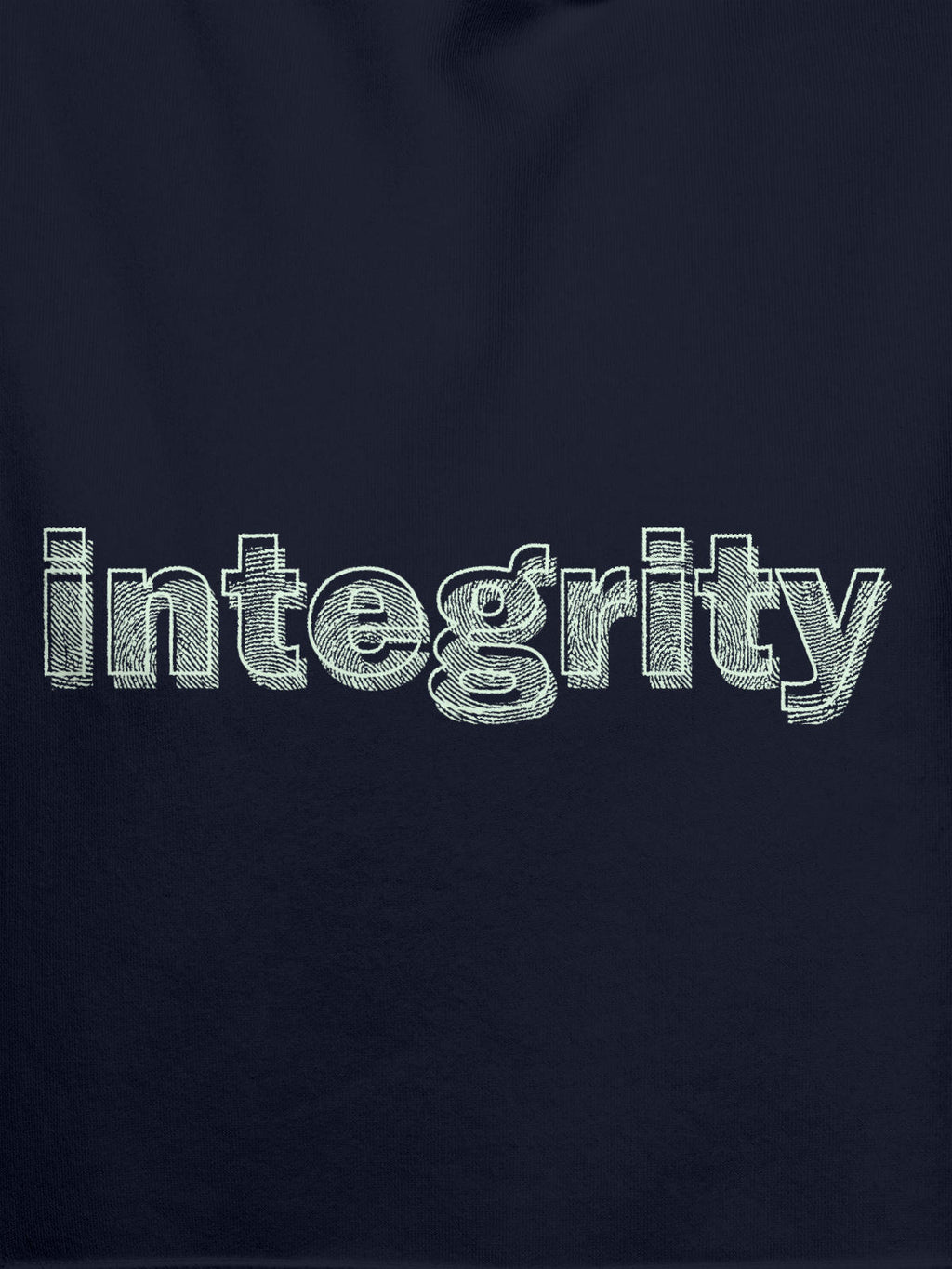 Close up of 'Integrity' design on Women's Navy Blue Hoodie Sweatshirt, highlighting intricate details and vibrant print.