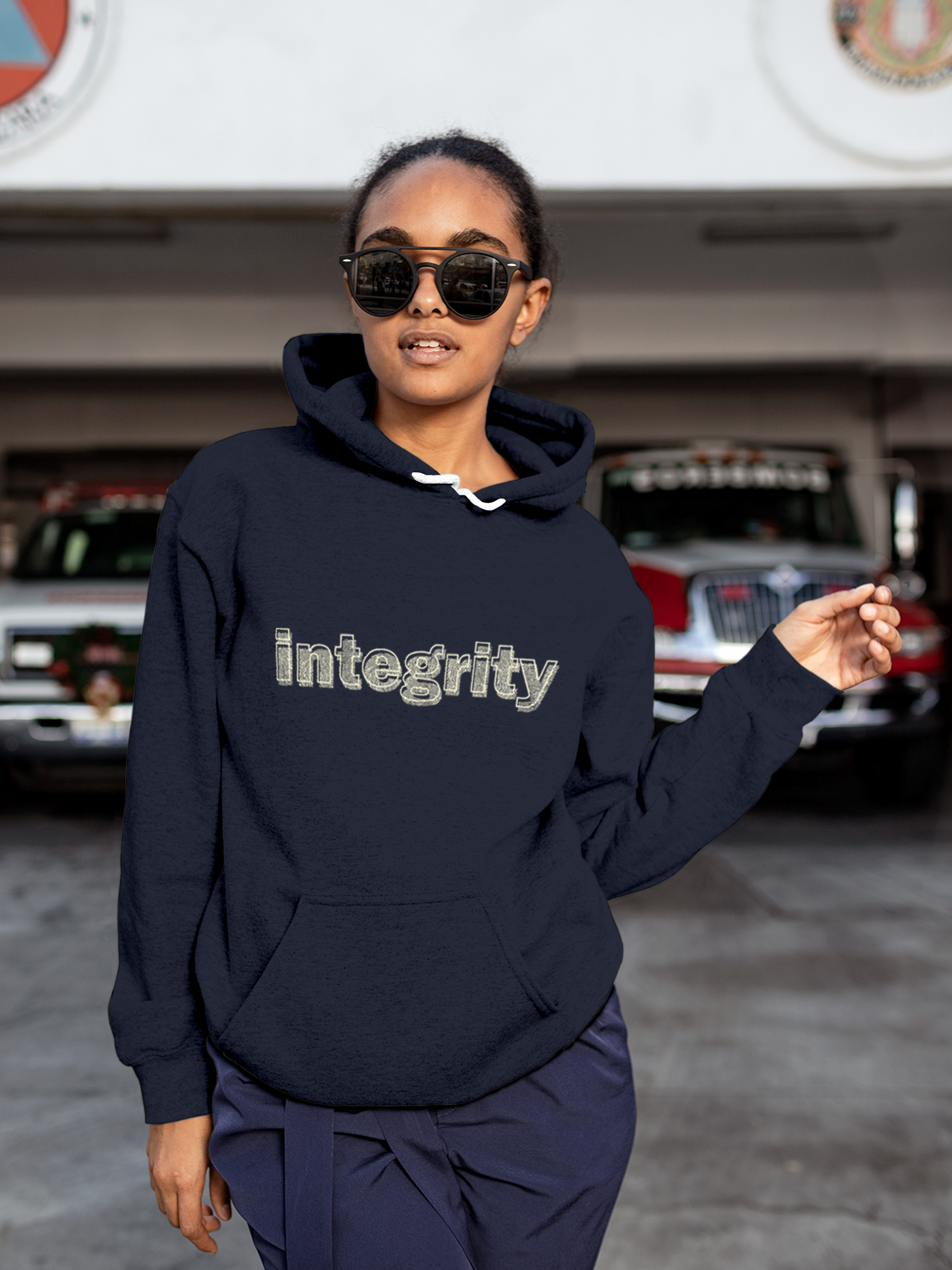 Model wearing Women's Navy Blue Hoodie Sweatshirt with 'Integrity' design, offering effortless style and premium comfort