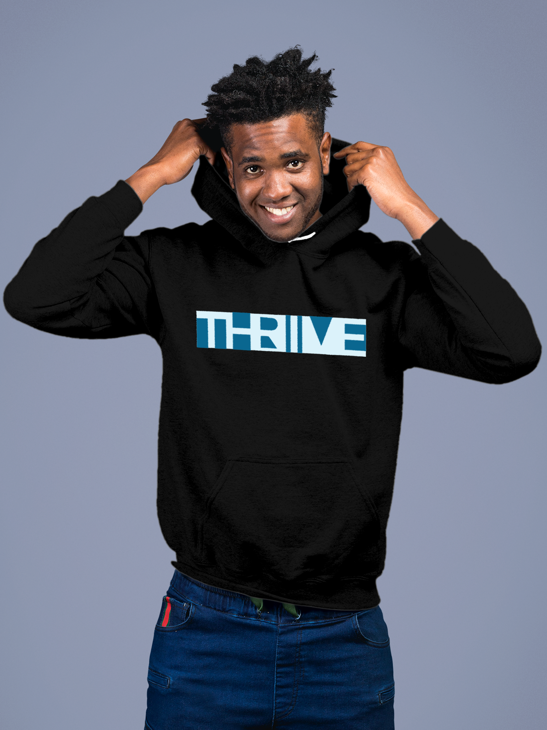 Model wearing Men's Black Hoodie Sweatshirt with 'Thrive' design, offering effortless style and premium comfort