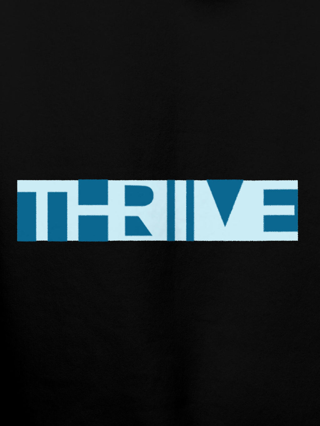 Close up of 'Thrive' design on Men's Black Hoodie Sweatshirt, highlighting intricate details and vibrant print.