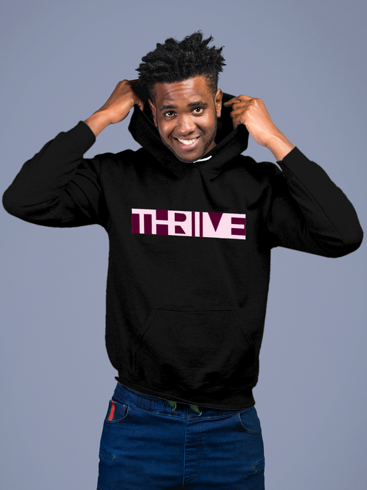 Fighterhero Hoodie Collection: Model wearing Men's Black Hoodie Sweatshirt with 'Thrive' design