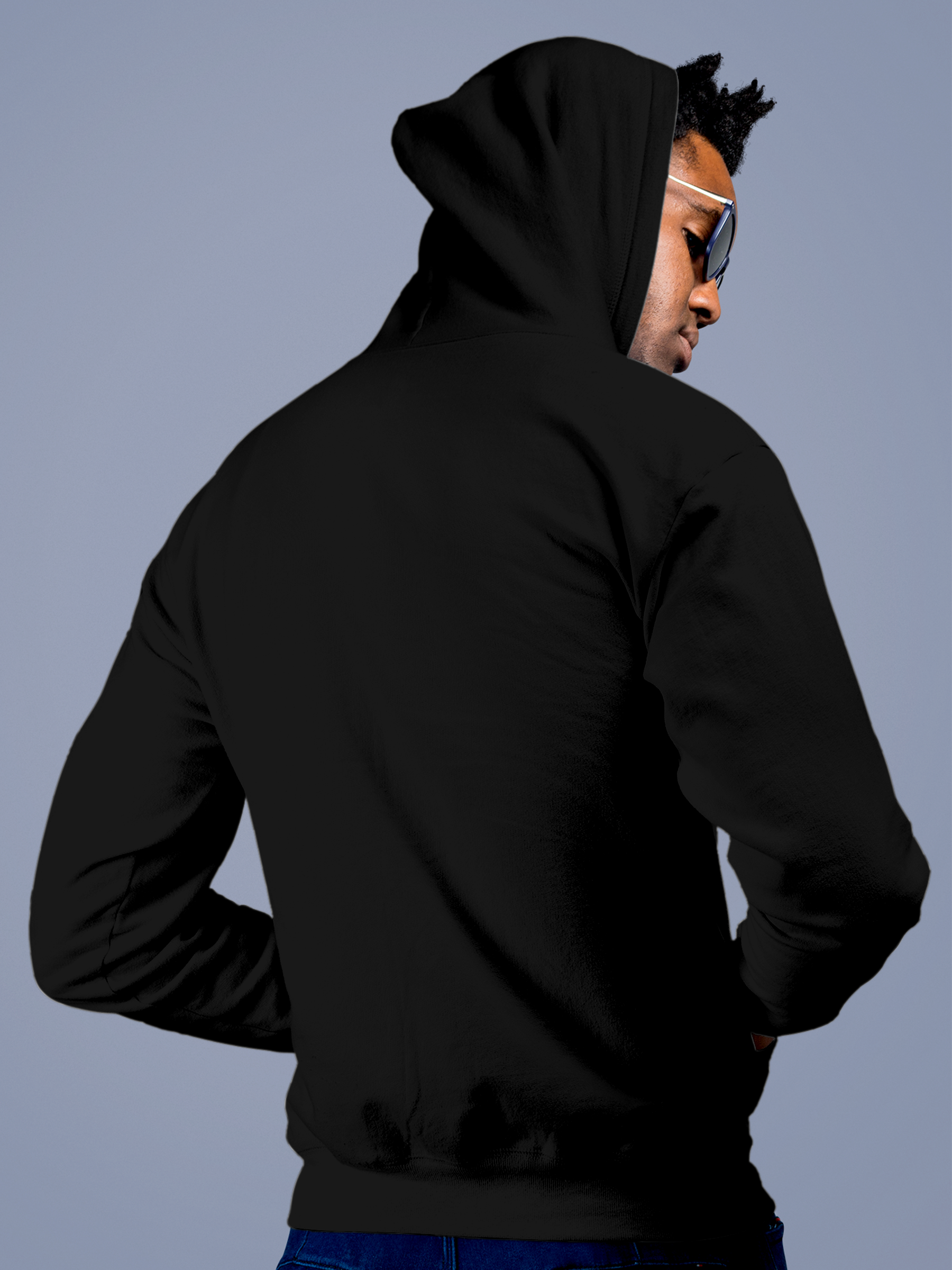 Back view of Fighterhero Men's Black Hoodie Sweatshirt, highlighting the modern look and clean finish