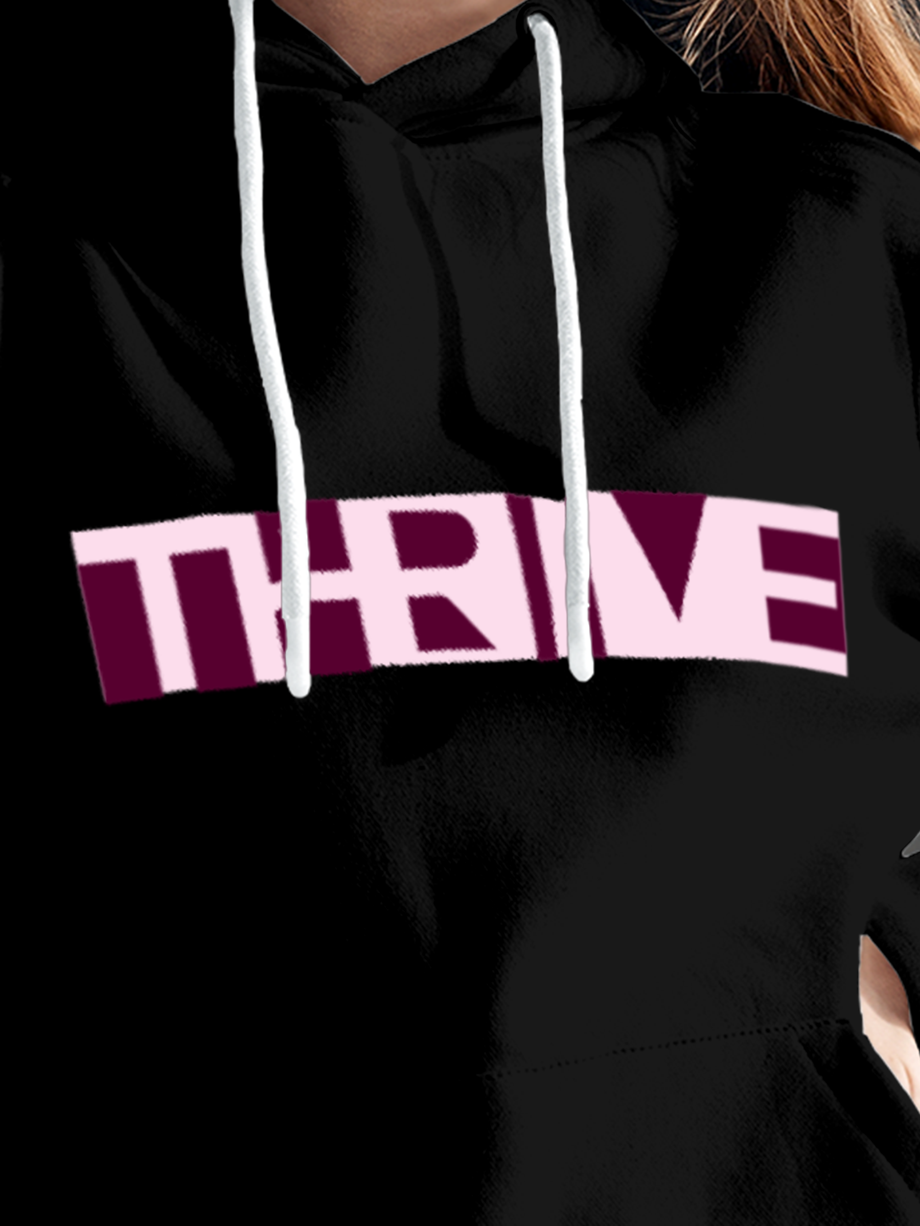 Close up of 'Thrive' design on Women's Black Hoodie Sweatshirt, highlighting intricate details and vibrant print.