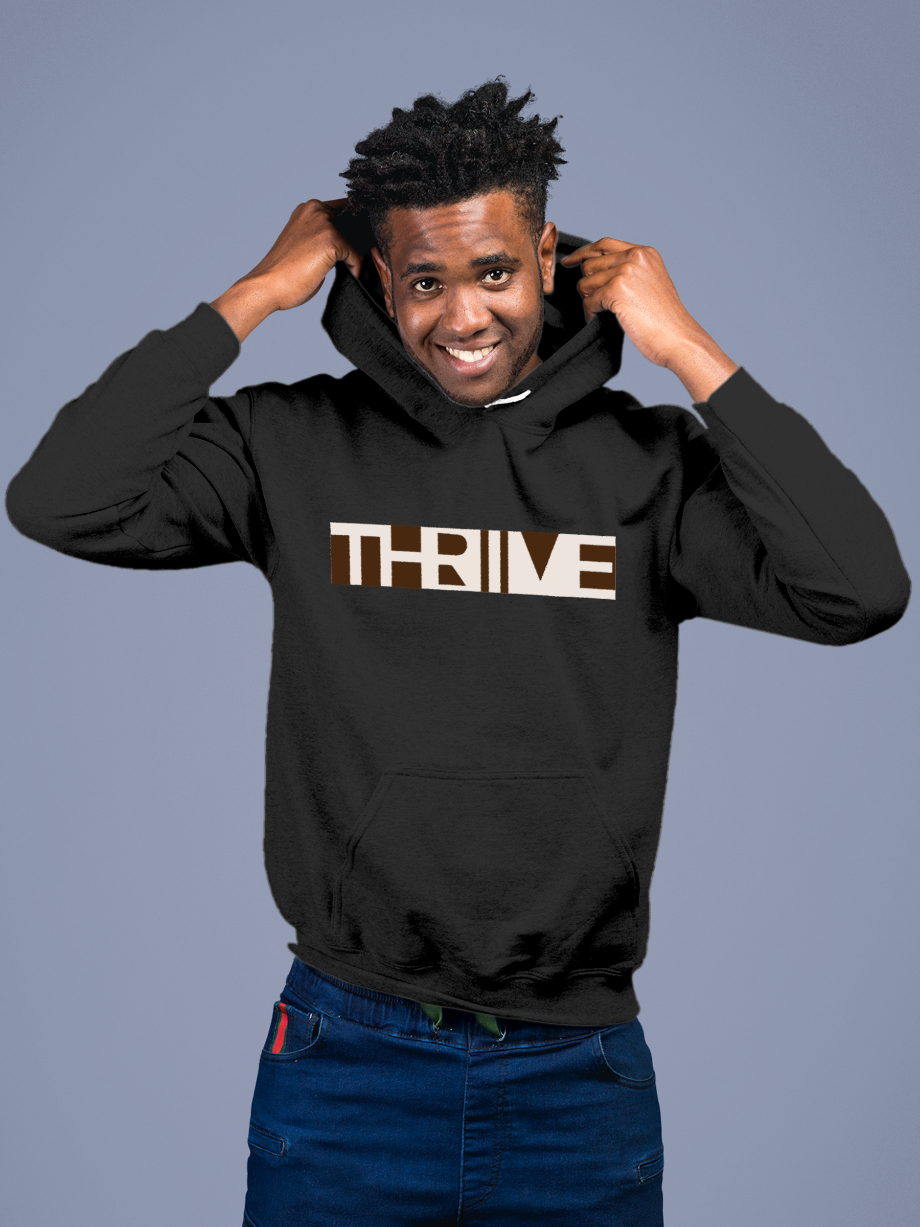 Model wearing Men's Charcoal Grey Hoodie Sweatshirt with 'Thrive' design, offering effortless style and premium comfort