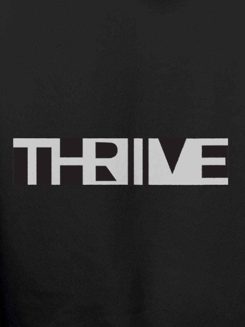 Close up of 'Thrive' design on Men's Dark Grey Hoodie Sweatshirt, highlighting intricate details and vibrant print.