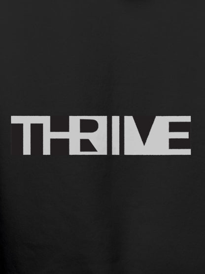 Close up of 'Thrive' design on Men's Dark Grey Hoodie Sweatshirt, highlighting intricate details and vibrant print.