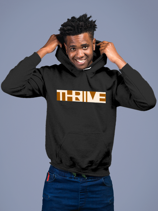 Fighterhero Hoodie Collection: Model wearing Men's Charcoal Grey Hoodie Sweatshirt with 'Thrive' design