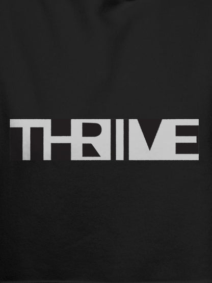 Close up of 'Thrive' design on Women's Dark Grey Hoodie Sweatshirt, highlighting intricate details and vibrant print.