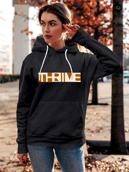 Fighterhero Hoodie Collection: Model wearing Women's Charcoal Grey Hoodie Sweatshirt with 'Thrive' design