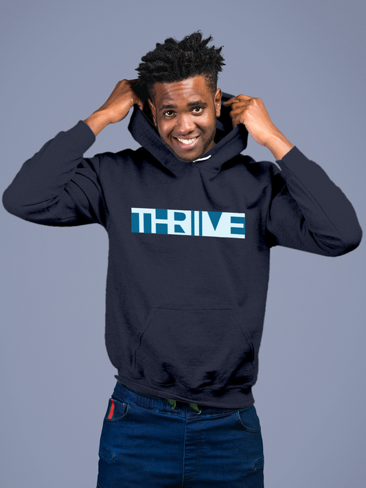 Fighterhero Hoodie Collection: Model wearing Men's Navy Blue Hoodie Sweatshirt with 'Thrive' design