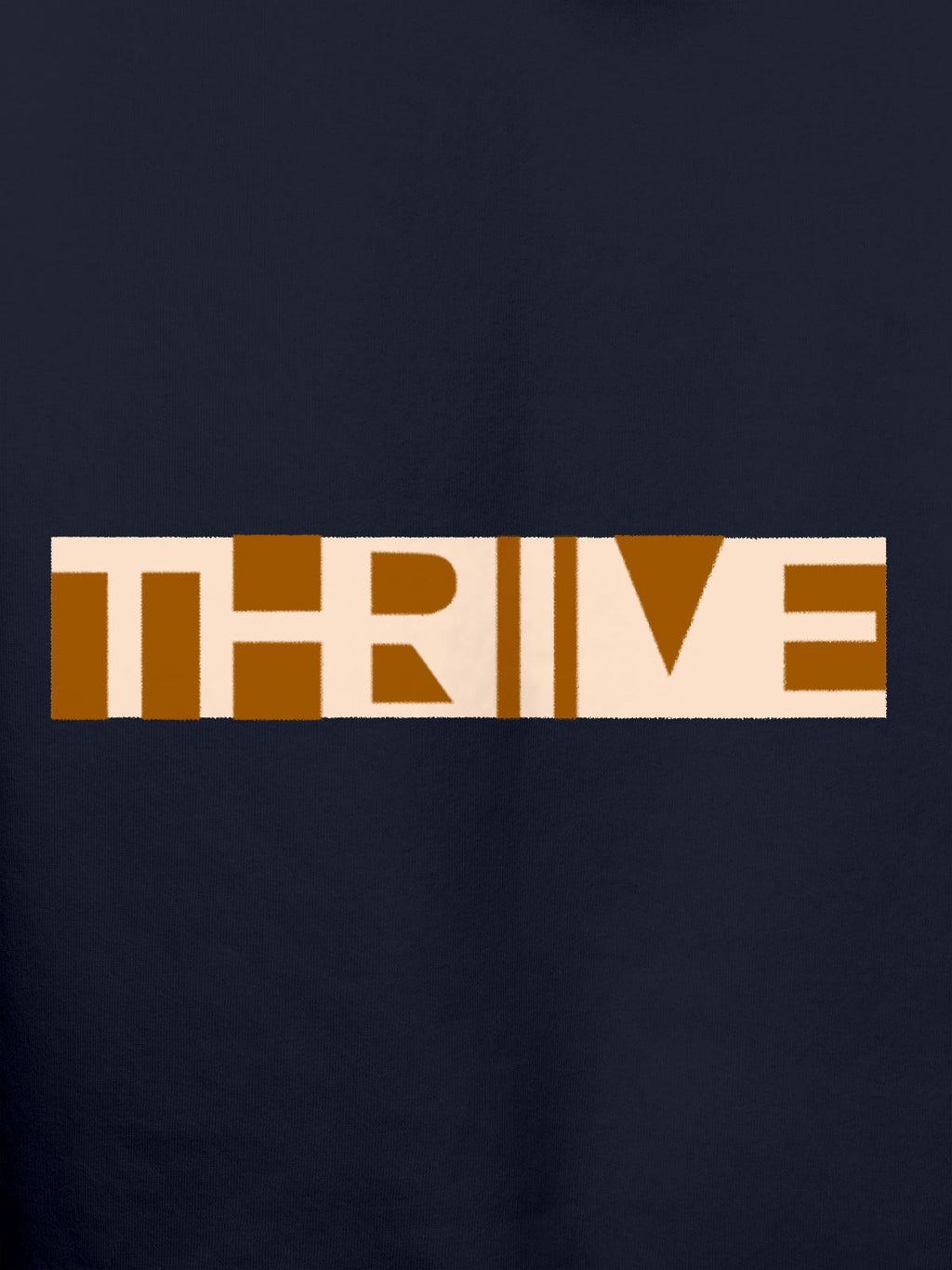 Close up of 'Thrive' design on Men's Navy Blue Hoodie Sweatshirt, highlighting intricate details and vibrant print.