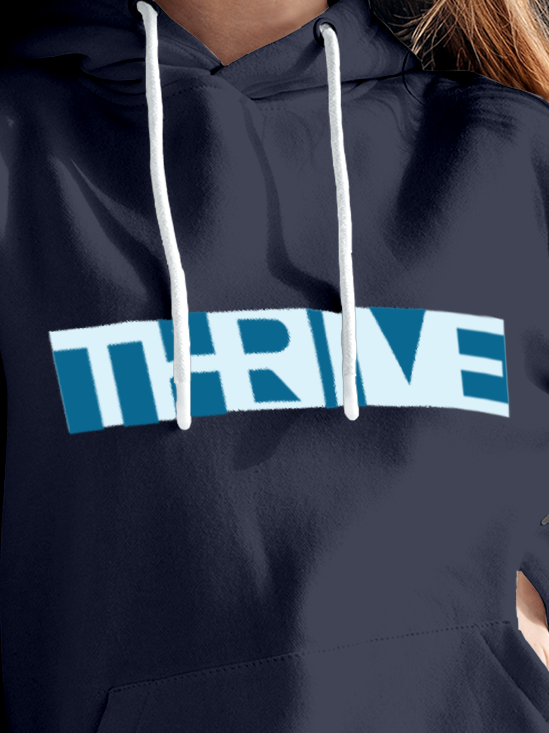Close up of 'Thrive' design on Women's Navy Blue Hoodie Sweatshirt, highlighting intricate details and vibrant print.