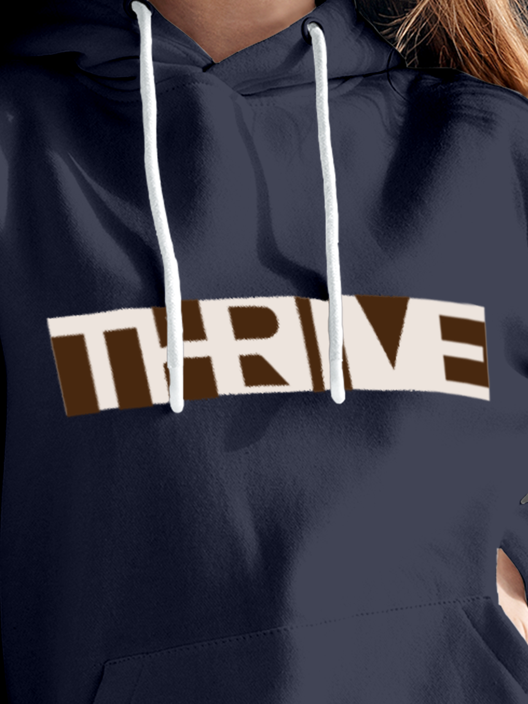 Close up of 'Thrive' design on Women's Navy Blue Hoodie Sweatshirt, highlighting intricate details and vibrant print.