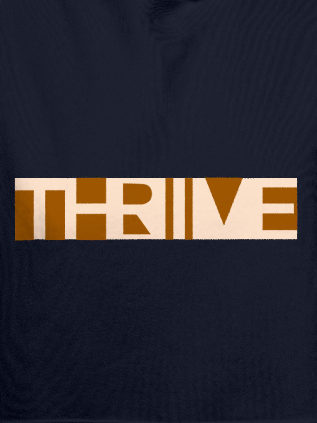 Close up of 'Thrive' design on Women's Navy Blue Hoodie Sweatshirt, highlighting intricate details and vibrant print.