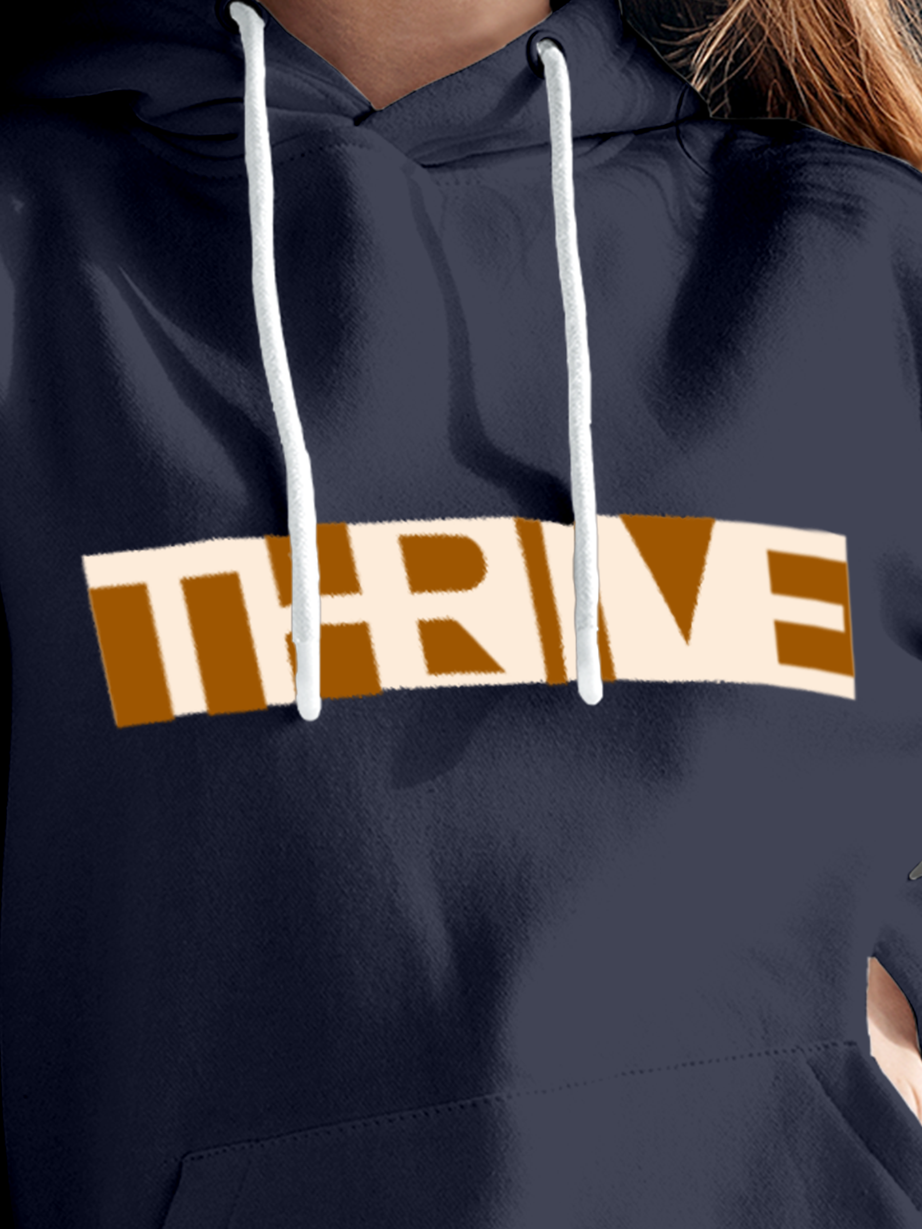 Close up of 'Thrive' design on Women's Navy Blue Hoodie Sweatshirt, highlighting intricate details and vibrant print.