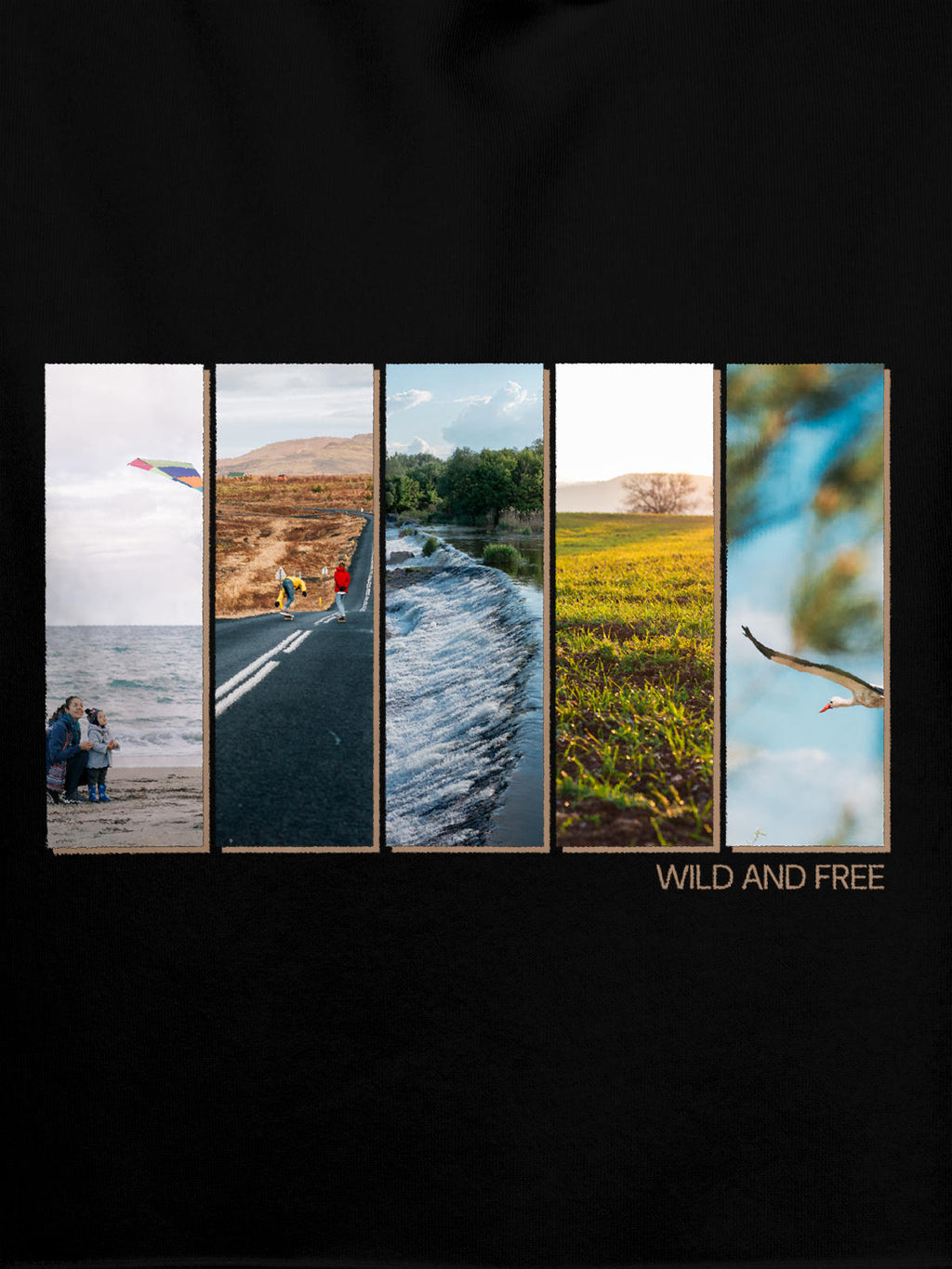Close up of 'Wild & Free' design on Men's Black Hoodie Sweatshirt, highlighting intricate details and vibrant print.