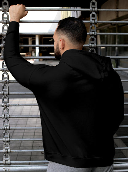 Back view of Fighterhero Men's Black Hoodie Sweatshirt, highlighting the modern look and clean finish